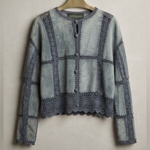 Overland Vintage Suede and Crochet Patchwork Boho Cardigan Jacket Dusty Blue 12